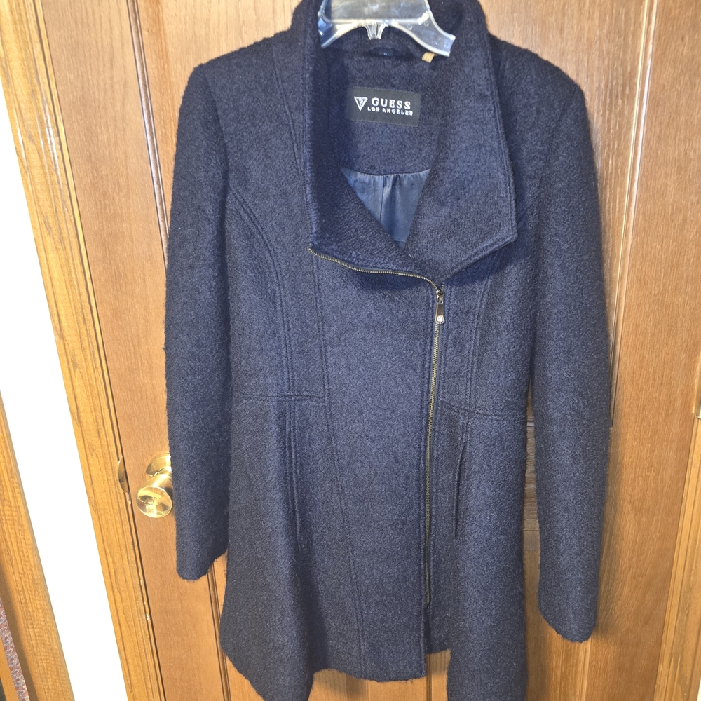 GUESS Los Angeles Women's Navy Pea Coat with Asymmetrical Zipper - M - EUC